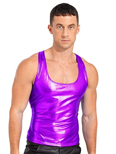 MSemis Herren Tank Top Ärmellos Metallic Slim fit T-Shirts Unterhemd Tief U-Ausschnitt Camisole Vest Top Tank Top Muskelshirt Tankshirt Party Clubkleidung Violett XL von MSemis