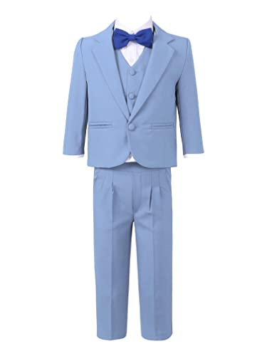 MSemis Kinder Jungen Gentleman Smoking Anzug 4tlg Set Langarm Hemd + Weste + Fliege + Hosen festlich Hochzeit Anzüge Schwarz/Weiß/Blau Blau E 110 von MSemis