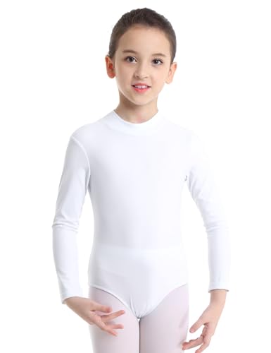 MSemis Kinder Mädchen Ballett Trikot Body Langarm Ballettanzug Gymnastikanzug Turnanzug Ballett Body mit Rollkragen Dancewear Weiß 110-116 von MSemis