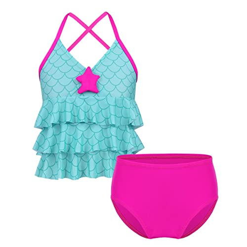 MSemis Kinder Mädchen Bikini Set Meerjungfrau Bademode Badeanzug Tankini Set Fischschuppen Bikini Tops + Badeshorts Gr. 98-164 A Rose & Grün 116 von MSemis