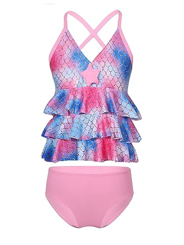 MSemis Kinder Mädchen Bikini Set Meerjungfrau Bademode Badeanzug Tankini Set Fischschuppen Bikini Tops + Badeshorts Gr. 98-164 Rosa 116 von MSemis