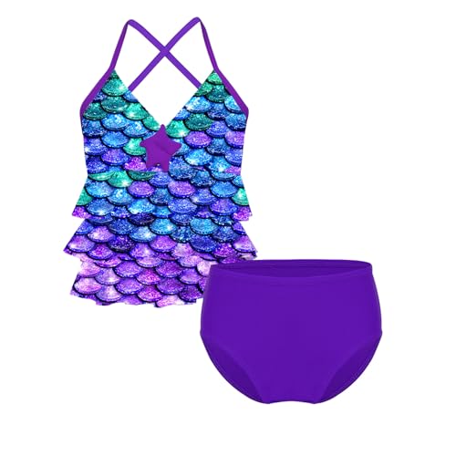 MSemis Kinder Mädchen Bikini Set Meerjungfrau Bademode Badeanzug Tankini Set Fischschuppen Bikini Tops + Badeshorts Gr. 98-164 Violett 104 von MSemis