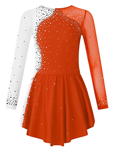 MSemis Kinder Mädchen Eiskunstlauf-Kleid Langarm Ballettkleid Ballett Trikot Gymnastikanzug mit Glitzer Strass Turnbody Wettbewerb Kostüm Gr. 104-164 F Orange 134-140 von MSemis