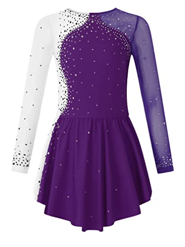 MSemis Kinder Mädchen Eiskunstlauf-Kleid Langarm Ballettkleid Ballett Trikot Gymnastikanzug mit Glitzer Strass Turnbody Wettbewerb Kostüm Gr. 104-164 G Violett 128 von MSemis