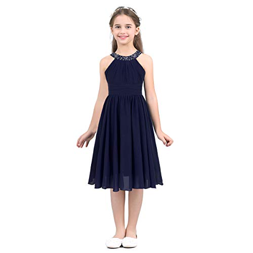 MSemis Kinder Mädchen Kleid Festlich Prinzessin Partykleid Hochzeit Blumenmädchen Kleid Neckholder Brautjungfernkleid mit Strass Festzug Party Kleid Gr. 104-164 Marineblau 140 von MSemis