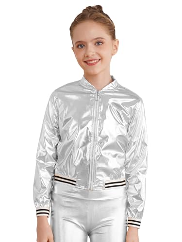 MSemis Kinder Mädchen Langarm Jacket Glitzer Freizeit Top mit Reißverschluss Frühling Herbst Oberbekleidung Silber 134-140 von MSemis