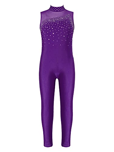 MSemis Kinder Mädchen Ärmellos Eiskunstlauf Body Glitzer Gymnastikanzug Tanz Trikot Ganzkörperanzug Sport Jumpsuit Wettbewerb Anzug Violett 158-164 von MSemis