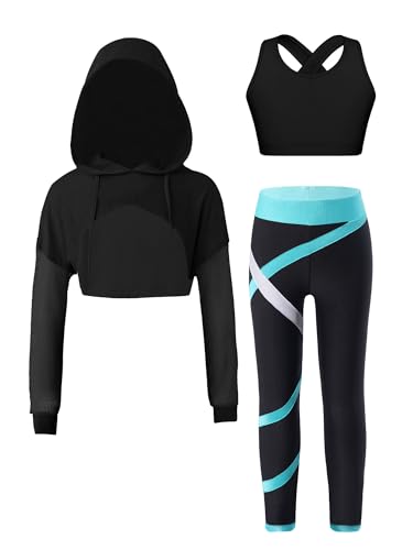 MSemis Kinder Mädchen Sport Set Langarm Kapuze Tops mit Crop Top und Leggings 3tlg Trainingsanzug für Workout Performance Wettbewerb Blau Grün 170 von MSemis