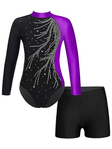 MSemis Gymnastikanzug Kinder Mädchen Langarm Turnanzug Trikotanzug Gymnastikbody MIT Shorts Training Tanzbekleidung Dancewear Violett 134-140 von MSemis