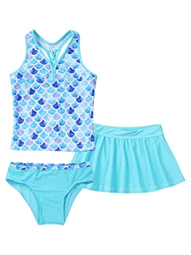 MSemis Mädchen Badeanzug 3.TLG Tankini Bikini Set Ärmellos Badeshirt Oberteil + Biniki Slip + Badeshorts Strand Badebekleidung Blau 158-164 von MSemis