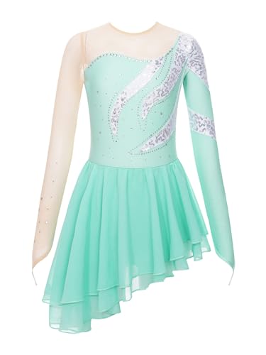 MSemis Mädchen Eislaufkleid Wettbewerb Kostüm Kinder Eiskunstlauf Kleid Kinder Ballettkleid Mesh-Spleiß Gymnastikanzug Sportbody Gr.104-176 Hellgrün 146-152 von MSemis