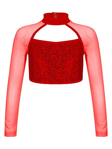 MSemis Mädchen Glänzend Crop Top Pailletten Langarm Mesh T-Shirts Bauchfrei Kinder Tanz Sport Fitness Top Oberteile Performence Tanzkleidung Rot 158-164 von MSemis