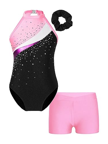 MSemis Mädchen Gymnastikanzug Ärmellos Turnanzug Trikotanzug Gymnastik Tanz Training Gymnastikbody mit Shorts Kurze Hose und Haarband Wettbewerb Sport Set Rosa 122-128 von MSemis