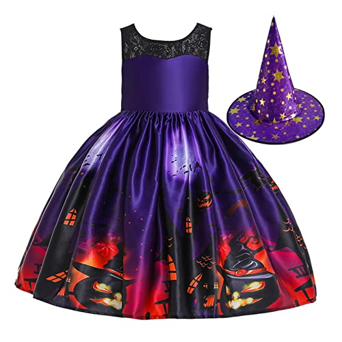 MSemis Mädchen Hexenkostüm Kinder Zauberer verkleiden Cosplay Kostüm Set Mädchen Halloween Fasching Karneval Party Hexenkleid Farbe Kleid Violett 128-134 von MSemis