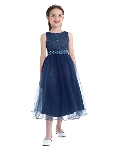 MSemis Mädchen Kleid Festlich Prinzessin Ärmellos Partykleid Festzug Stickerei Prom Blumenmädchen Kleider Chiffon Hochzeits Kommunionskleid Gr.92-164 Marineblau F 176 von MSemis