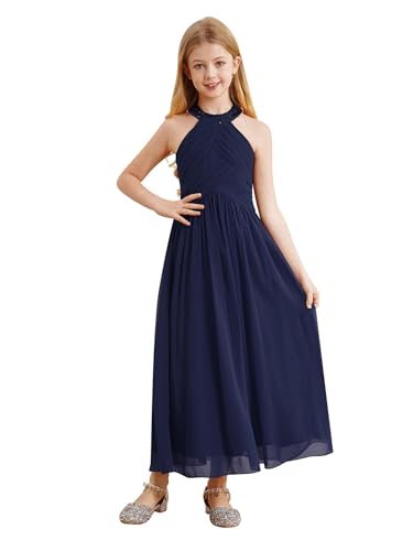 MSemis Mädchen Kleider Festlich Partykleid Lange Chiffon Brautjungfern Kleider Hochzeit Blumenmädchenkleid Festkleider Gr.98-176 Navy blau F 170 von MSemis