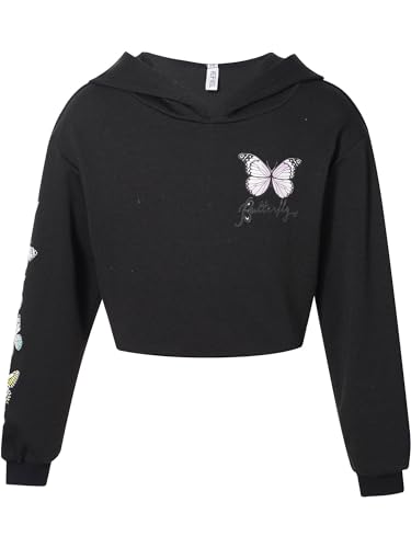 MSemis Mädchen Sweatshirt Langarm Schmetterling Shirt Crop Tops Bauchfrei Oberteile Kinder Hoodie Pullover Pulli Streetwear Gr.98-176 Schwarz 158-164 von MSemis