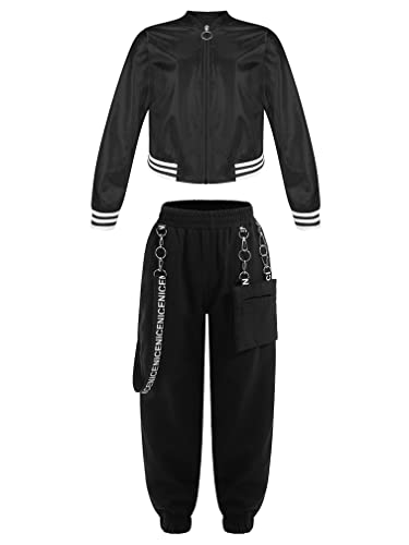 MSemis Mädchen Trainningsanzug Hip Hop Kleidung 2tlg Kinder Street Dance Outfit Langarm Metallic Jacke+ Cargohose Baggy Jogginghose Tanzkleidung Frühling Sommer Anzüge Schwarz 134-140 von MSemis