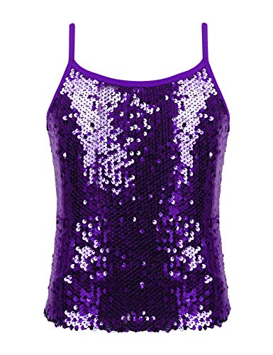 MSemis Mädchen Unterhemd Glitzer Pailletten Tank Top Trägershirt Verstellbare Fasching Party Jazz Oberteil Gold/Silber/Schwarz/Lila/Blau Violett 158-164 von MSemis