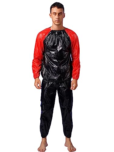 MSemis Saunaanzug Herren Langarm Oberteil mit Elastischem Bund Hose Schwitzanzug Trainingsanzug Gym Jogginganzug PVC Fitness Kleidung Rot schwarz 3XL von MSemis