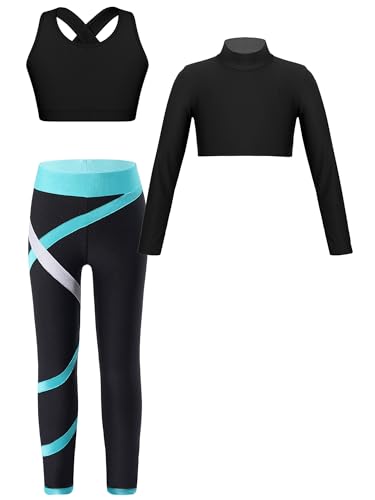 MSemis Kinder Mädchen Sport Outfits Langarm Sportshirt mit Ärmellos BH Top Und Leggings 3tlg Tanz Workout Gymnastik Sportkleidung Grün 158-164 von MSemis