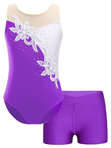 MSemis Turnanzug für Mädchen Ballett Trikot Metallic Tanz Body mit Kurze Hose Shorts Gymnastik Overall Leotards Tanzkostüm Wettbewerb Violett E 134-140 von MSemis