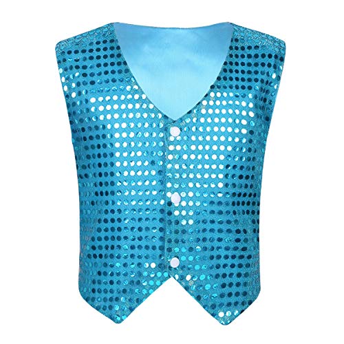 MSemis Unisex Kinder Jungen Mädchen Pailletten Weste Anzug Westen Glitzer Jazz Tanzbekleidung Performance Jacke mit Blingbling Effekt Gr. 122-164 Hell Blau 152-158 von MSemis