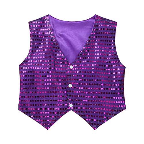 MSemis Unisex Kinder Jungen Mädchen Pailletten Weste Anzug Westen Glitzer Jazz Tanzbekleidung Performance Jacke mit Blingbling Effekt Gr. 122-164 Lila 122-128 von MSemis