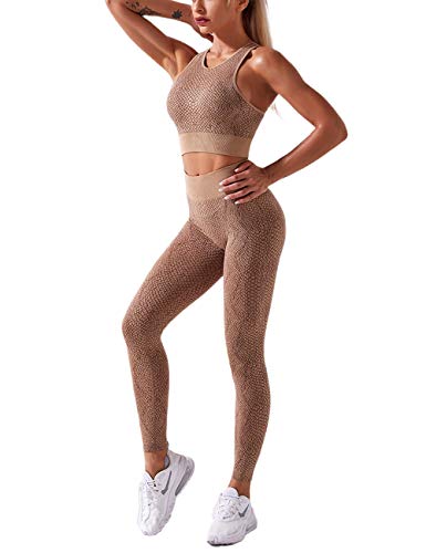 MuCoo Damen 2-teiliges nahtloses Sportbekleidungs-Set, hohe Taille, Schlangenprint, Workout, Laufen, Fitnessstudio, Yoga Outfit-Sets Gr. S, A-Kaffee von MAYFASEY