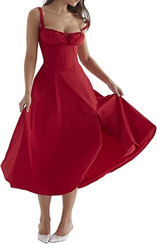 Print Bustier Sundress, 2023 New Women Floral Corset Midi Dress, Summer Boho Square Neck Sleeveless Flowy Slit Print Fitted Cami Dress. (M, Red) von MUGUOY