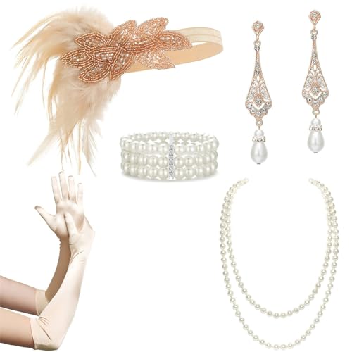 MULAIDI Female Flapper Kostüm GatsbyParty Stirnband Halskette Ohrringe Handschuhe 1920er Vintage Cosplay Party Kostüm Zubehör Set Vintage Zubehör Set Mädchen Kostüm Zubehör Partyzubehör von MULAIDI