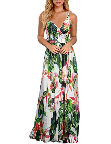 MUMZUGI Sommerkleid Damen Maxi Boho-Kleid Ärmelloses Strandkleid Damen Sommer Cocktailkleid Elegant Blumen, Weiß-2 L von MUMZUGI