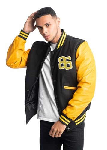 Varsity Jacke Herren Baseball Jacke Wollkörper & Echtleder Ärmel Letterman Jacke, Schwarz / Gelb, XL von MUSCLE GYM