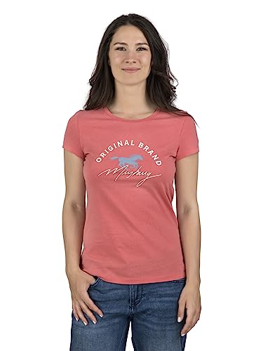 MUSTANG Damen T-Shirt Rundhals O-Neck Basic Slim Fit Kurzarm Logo Print Sommer Shirt 100% Baumwolle Weiß Blau Grün Rot S M L XL XXL, Größe:XL, Farbe:Coral (1014028-8142) von MUSTANG
