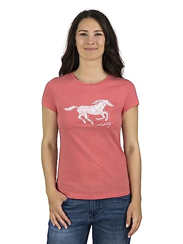 MUSTANG Damen T-Shirt Rundhals O-Neck Basic Slim Fit Kurzarm Logo Print Sommer Shirt 100% Baumwolle Weiß Blau Grün Rot S M L XL XXL, Größe:XXL, Farbe:Coral (1014029-8142) von MUSTANG