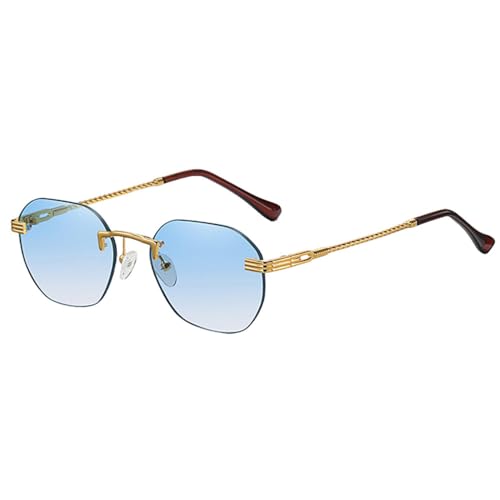 MUTYNE Braune rahmenlose goldene Metall-Damensonnenbrille, randlose Farbverlaufslinse, blaue modische Sonnenbrille für Herren, Uv400, Gold mit Blau, Einheitsgröße von MUTYNE