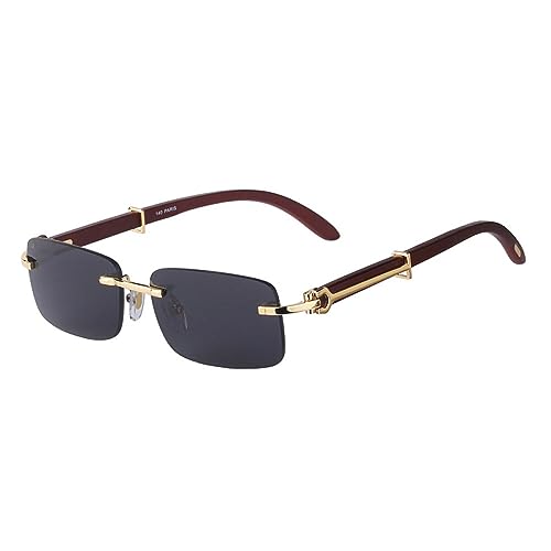 MUTYNE Modische rechteckige randlose Sonnenbrille für Herren, Holz, luxuriös, trendig, Retro, klassisch, rahmenlose Outdoor-Sonnenbrille, UV400, Goldgrau, Einheitsgröße von MUTYNE