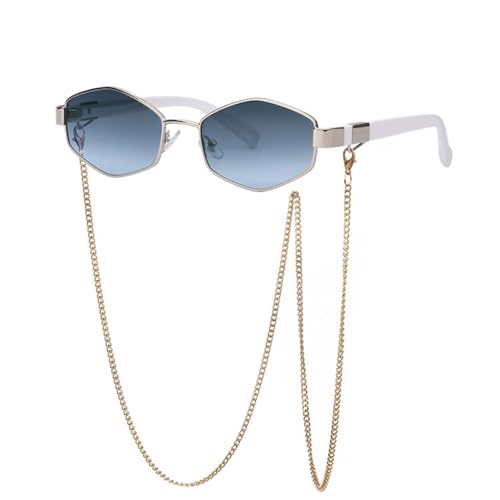 MUTYNE Sexy Sonnenbrille mit kleinem Rahmen, sechseckig, für Damen, mit Kette, luxuriöse Punk-Sonnenbrille für Damen, Grau, Blau, Einheitsgröße von MUTYNE