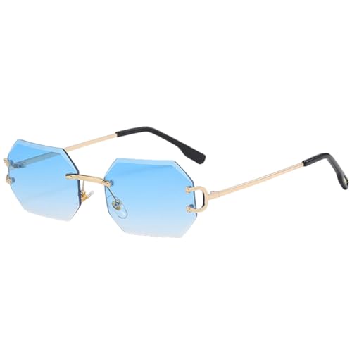 Modische Sonnenbrille für Damen, randlos, achteckig, UV400, rahmenlos, goldenes Metall, rechteckige Brille für Herren, Gold mit Blau, Einheitsgröße von MUTYNE