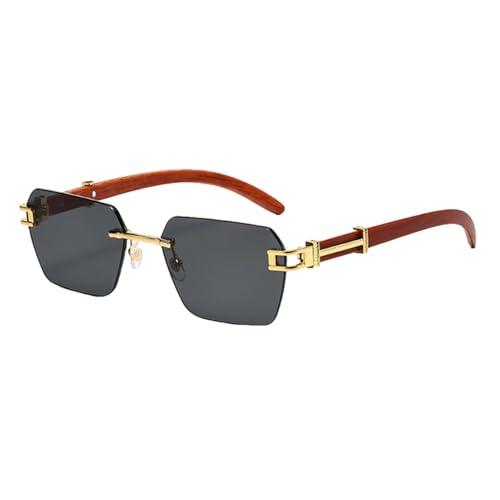 Modische randlose Sonnenbrille für Damen, Holzmaserung, quadratisch, Sonnenbrille für Herren, UV400, Metall, Blaugrün, schwarze Gläser, Einheitsgröße von MUTYNE