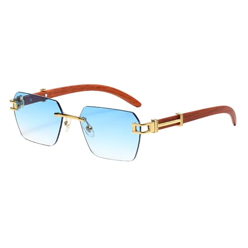 Modische randlose Sonnenbrille für Frauen, Holzmaserung, quadratische Sonnenbrille für Männer, UV400, Metall, männlich, blaugrün, blaue Linse, Einheitsgröße von MUTYNE