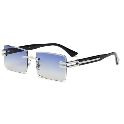 Retro Randlose Sonnenbrille Für Männer Frauen Luxus Punk Rahmenlose Rechteck Schneiden Sonnenbrille Kleine Quadratische Farbtöne UV400, Silberblau, Einheitsgröße von MUTYNE