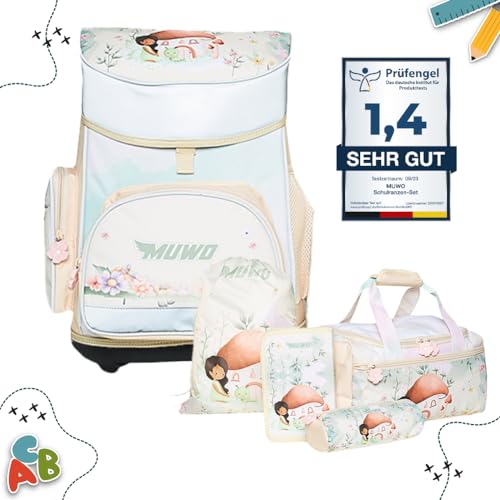 MUWO Kinder Schulranzen Set 5tlg. ergonomischer leichter Schulrucksack mit Sporttasche, Turnbeutel, Federmappe, nur 920 gramm (Fee Design) von MUWO