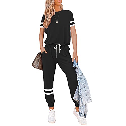 MUYOGRT Jogginganzug Damen Sportanzug Trainingsanzug 2-teiliges Set Freizeitanzug Streifen Sportbekleidung Zweiteiler Kurzarmshirt Top + Lange Hose Sportswear Outfits Set(Z-schwarz，S) von MUYOGRT