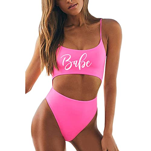 MUZHI Damen Braut Einteiler Badeanzüge Rüschen Tommy Control Ehefrau Bademode Sexy Rücken Crossover Badeanzüge, Pink Babe, Large von MUZHI