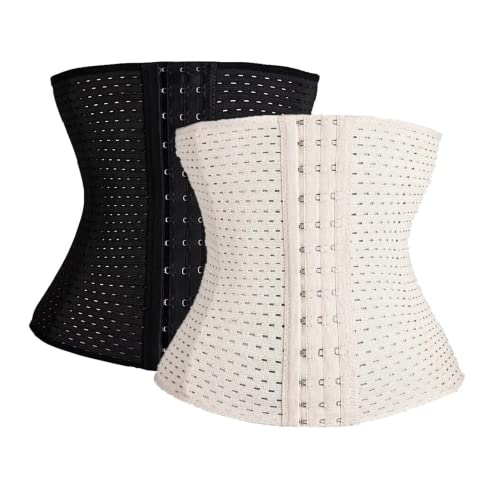 Waist Trainer mit weichen Stahlstäben - Sport Unterbrust Corset - Korsett Damen - Corsage Top - sexy Korsage - Corsett - Taillenmieder - Shaper - Taillenformer (3 Hakenreihen, Schwarz & Beige, L) von MW & Partner