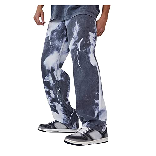 MXDJ Herren Jeans Trendy Distressed Straight Denim Pants Hip Hop Hose Ausgefranste Denim Tie Dye Print Straight Jeans (Color : Dark Blue, Size : XXX-Large) von MXDJ