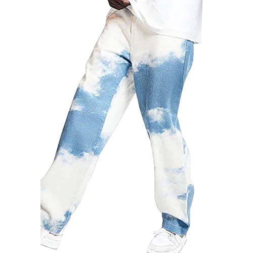 MXDJ Herren Jeans Trendy Distressed Straight Denim Pants Hip Hop Hose Ausgefranste Denim Tie Dye Print Straight Jeans (Color : Light Blue, Size : Large) von MXDJ