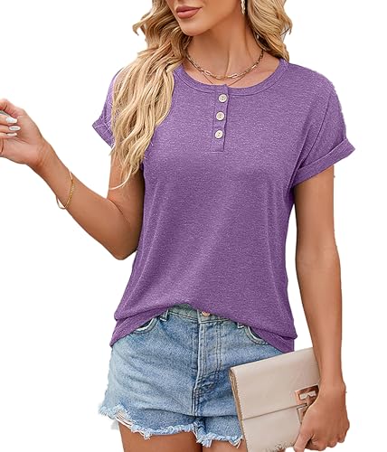 MYCOLORBLUE Damen T-Shirt Sommer Kurzarm Henley Ausschnitt Oberteile Lila XL von MYCOLORBLUE