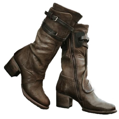 MYIESAXL Damen Wikingerstiefel Aus Pu-Leder, Mittelalterliche Steampunk-Cosplay-Kostüme, Retro-Stiefel mit Langem Schaft für Den Außenbereich, Lapp von MYIESAXL